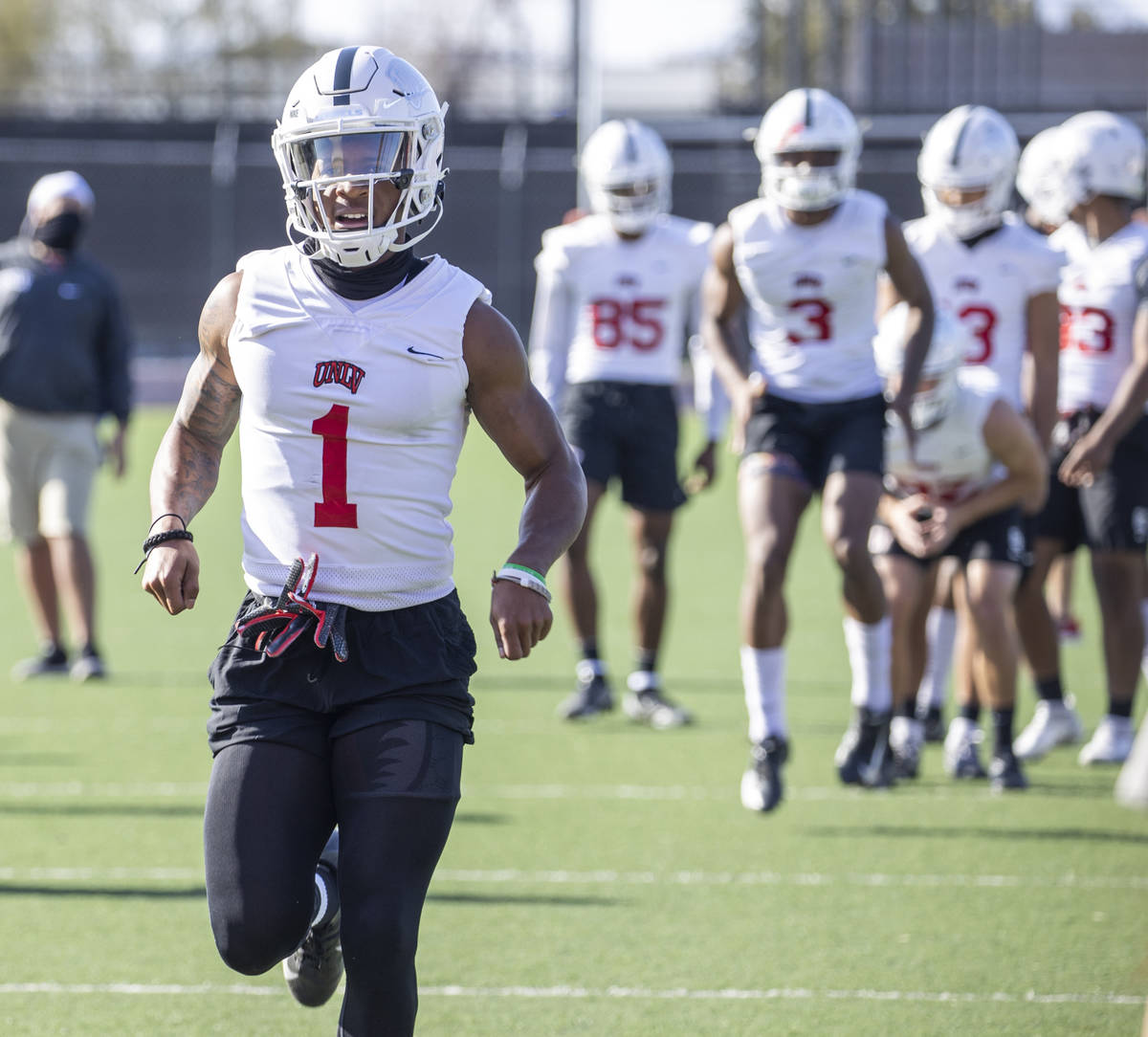 UNLV wide receiver Kyle Williams (1) warms up during the first spring football practice at Rebe ...