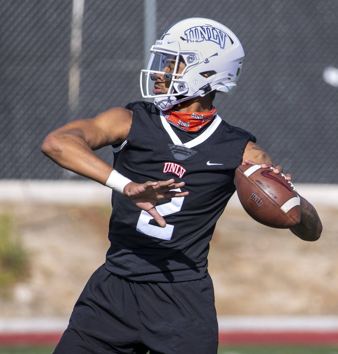 UNLV quarterback Doug Brumfield (2) looks to pass to a receiver during the first spring footbal ...