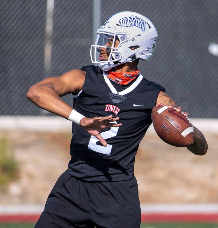 UNLV quarterback Doug Brumfield (2) looks to pass to a receiver during the first spring footbal ...