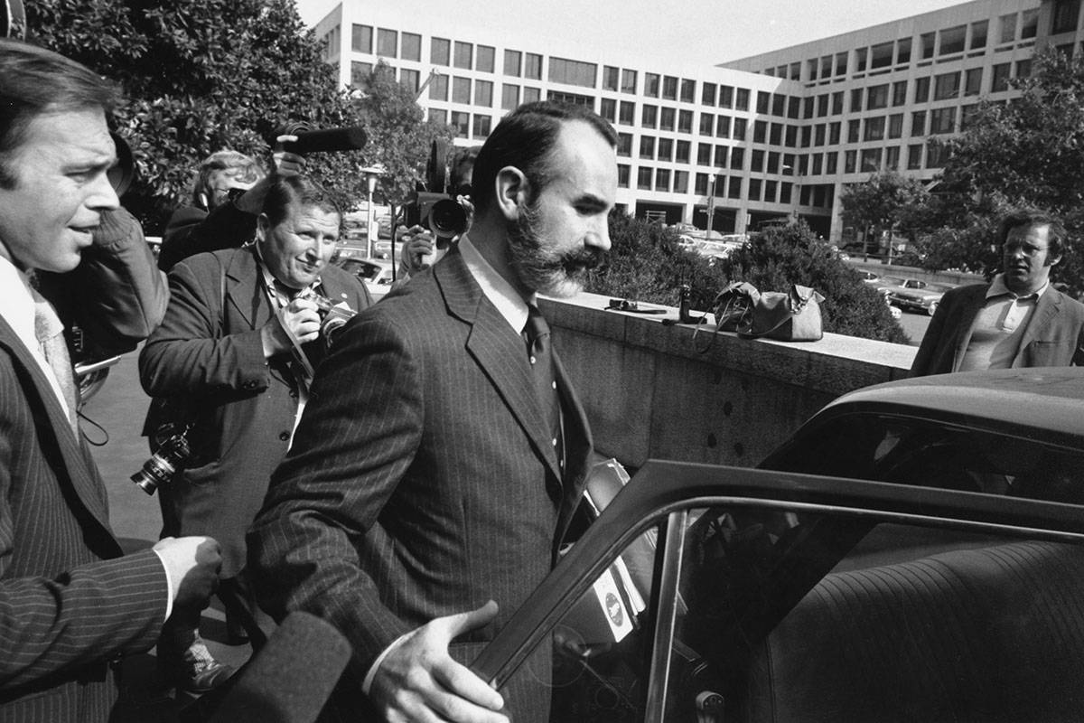 G. Gordon Liddy wears a beard and a mustache upon his release in Washington on Oct. 15, 1974. ...