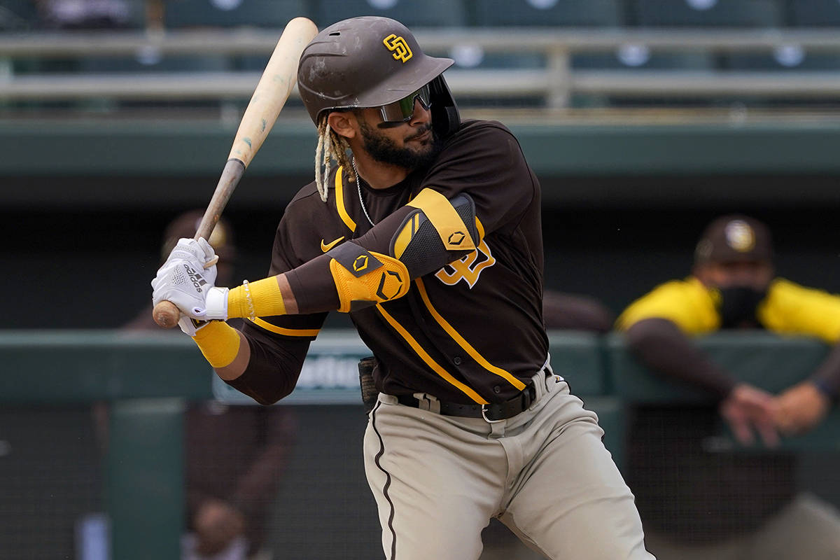 San Diego Padres' Fernando Tatis Jr. hits against the Oakland Athletics during the first inning ...