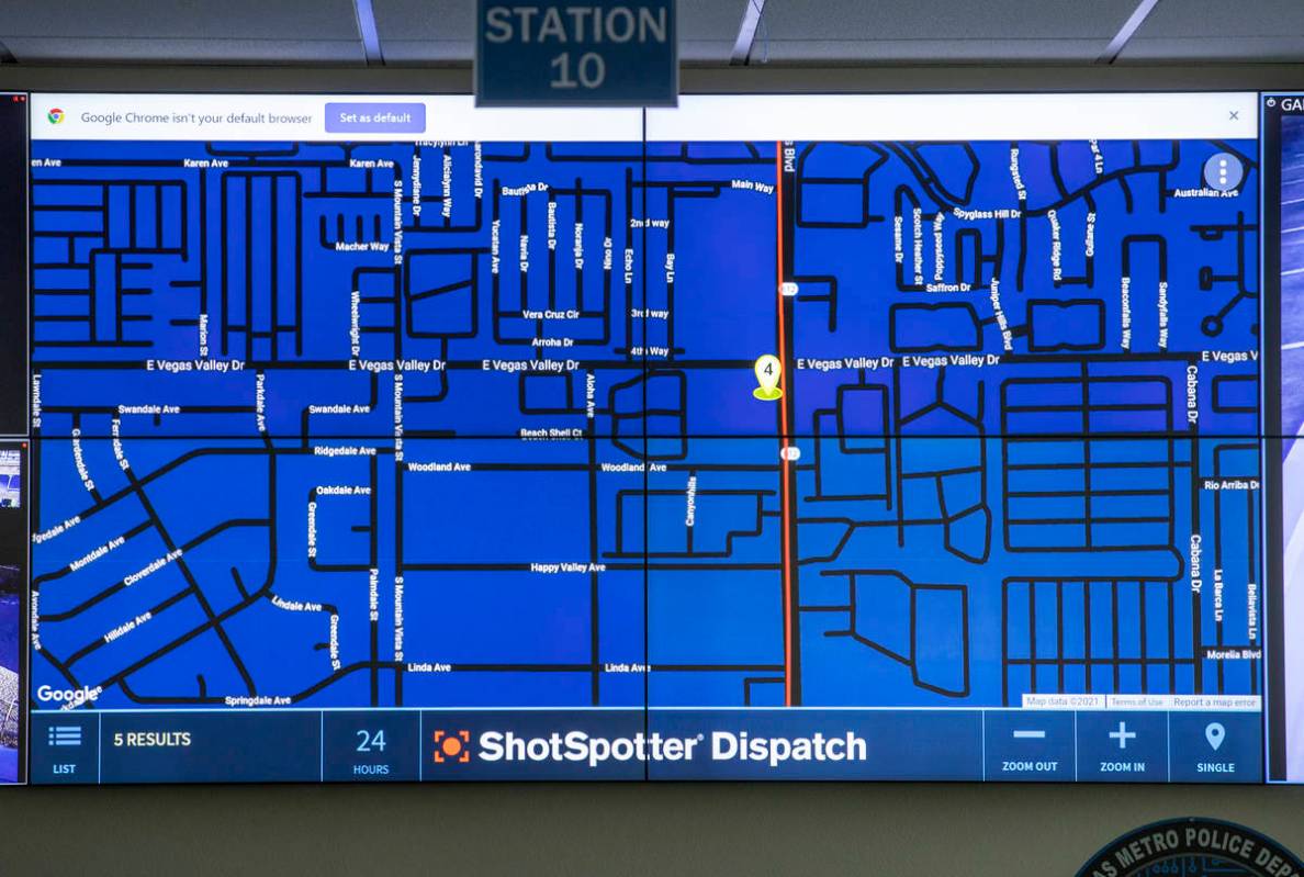 Electronic map with a ShotSpotter Dispatch program running within the Fusion Watch department a ...