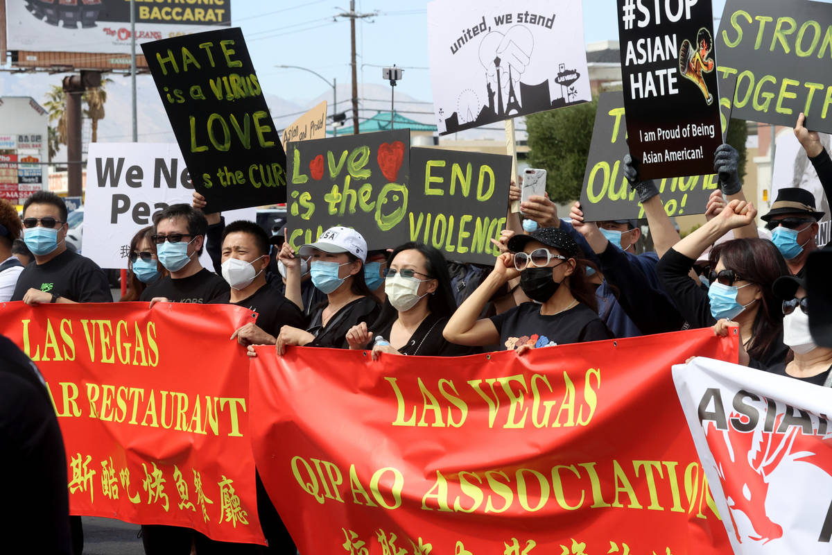 People rally at a "Stop Asian Hate" event at Chinatown Plaza Las Vegas Thursday, Apri ...