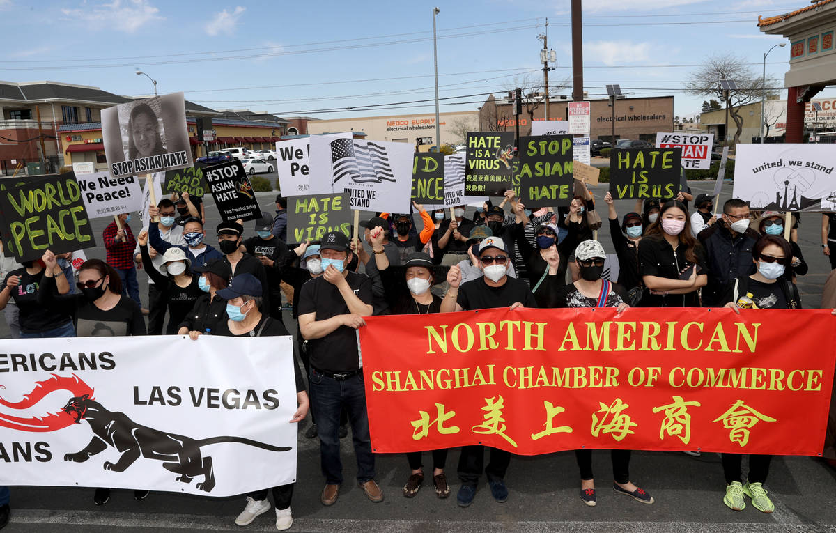 People rally at a "Stop Asian Hate" event at Chinatown Plaza Las Vegas Thursday, Apri ...