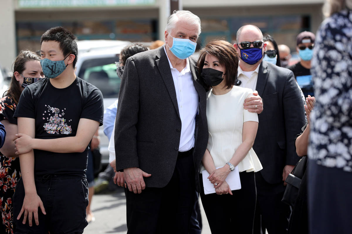 Nevada's first lady Kathy Sisolak and her husband, Gov. Steve Sisolak at a "Stop Asian Hate" ev ...