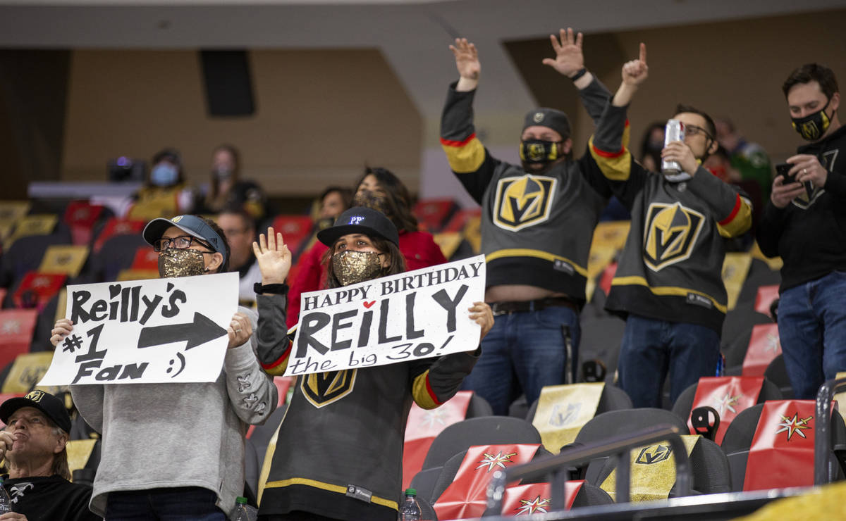 Golden Knights fans celebrate Reilly SmithÕs birthday as they warm up to face the Minnesot ...