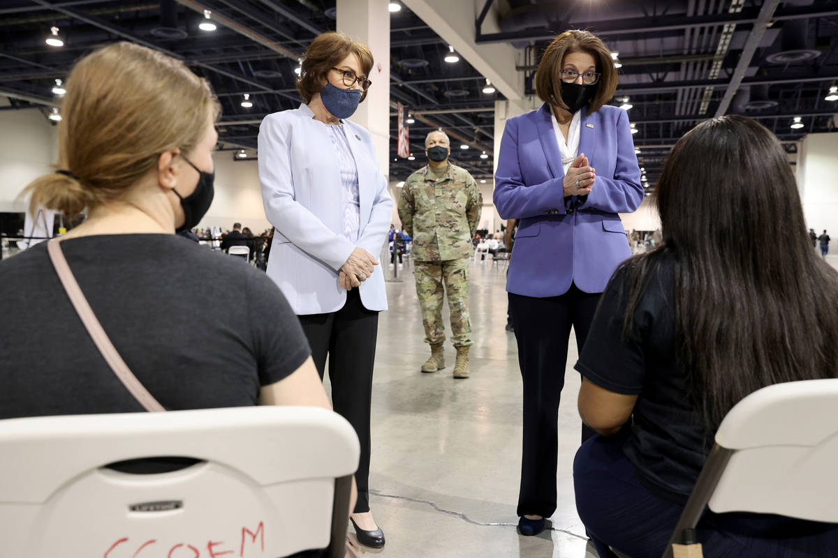 Nevada Senators Jacky Rosen, left, and Catherine Cortez Masto meet with vaccine recipients, May ...