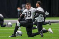 Las Vegas Raiders strong safety Jeff Heath (38) stretches during a practice session at the Inte ...