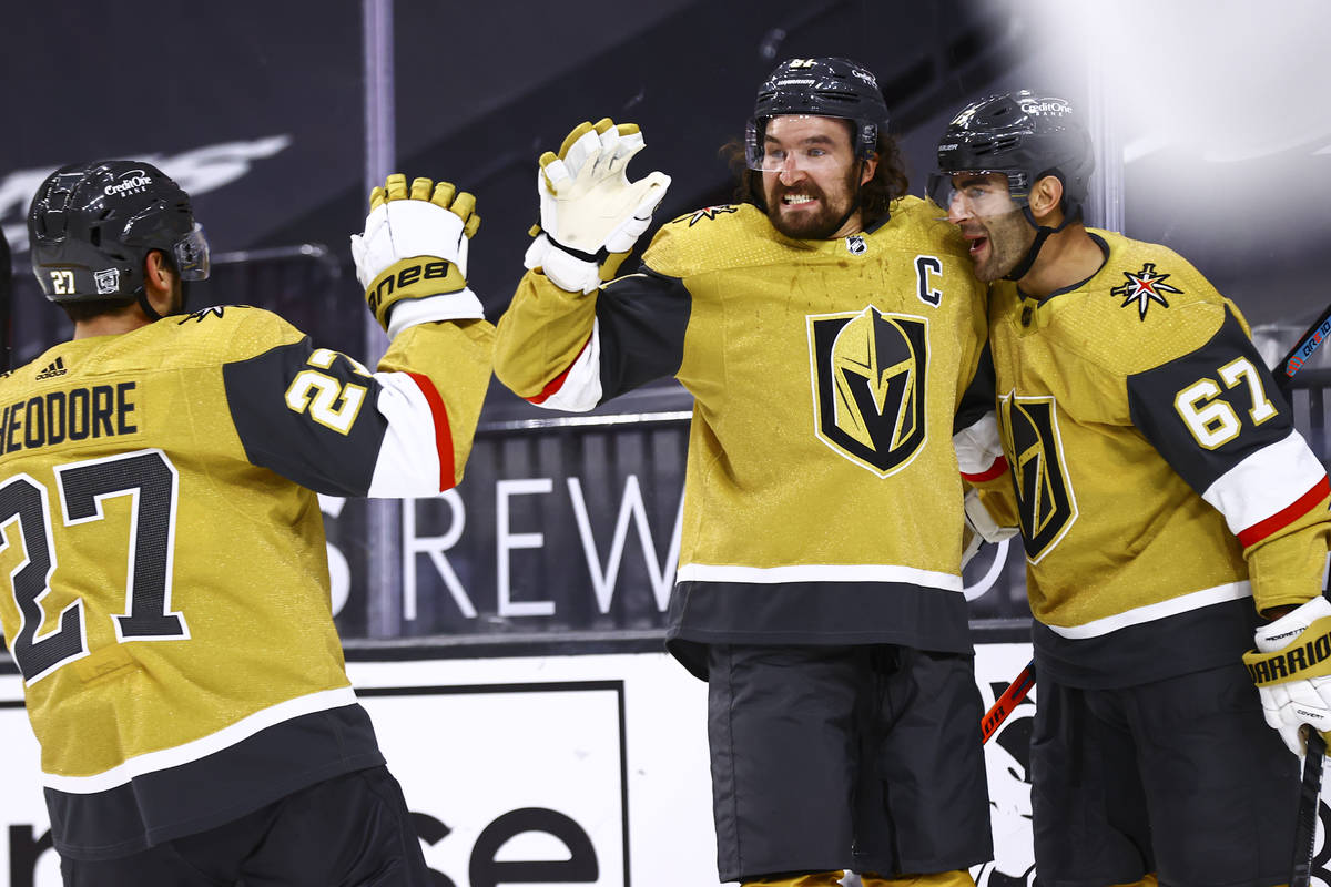 Golden Knights left wing Max Pacioretty (67) celebrates his overtime goal against the Anaheim D ...