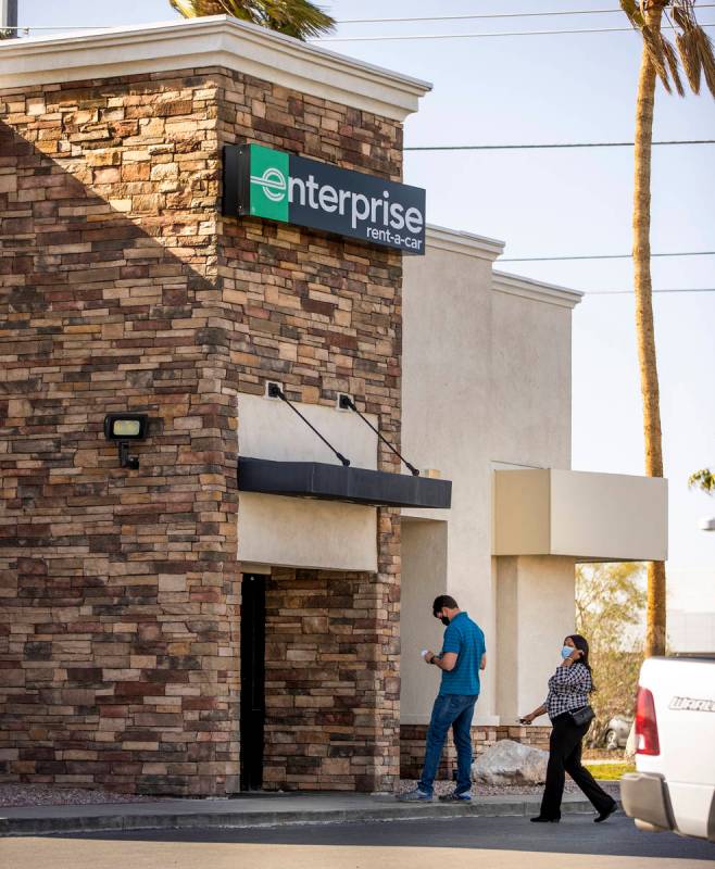 Customers at an Enterprise Rent-A-Car on West Sahara Avenue on Monday, April 5, 2021. L.E. Bask ...