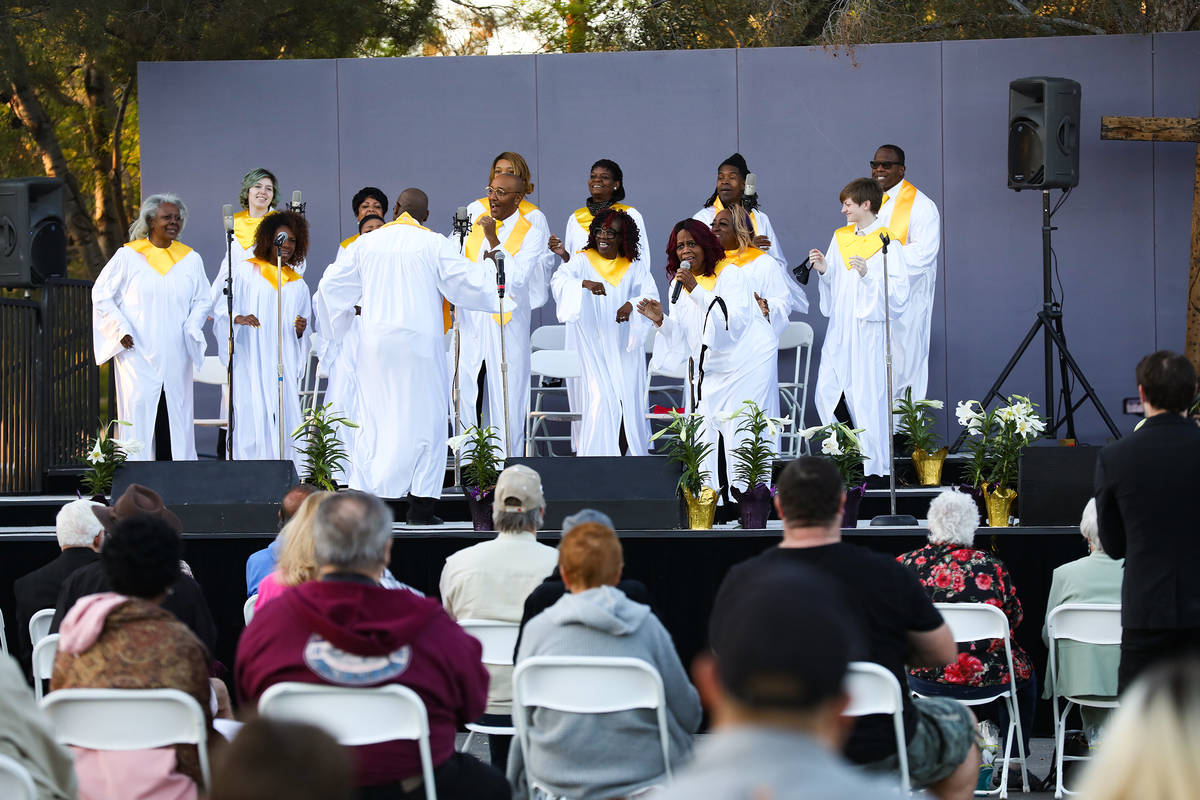 The Las Vegas Mass Choir sings at the 36th Annual Easter Sunrise Service at Palm Mortuary on Su ...