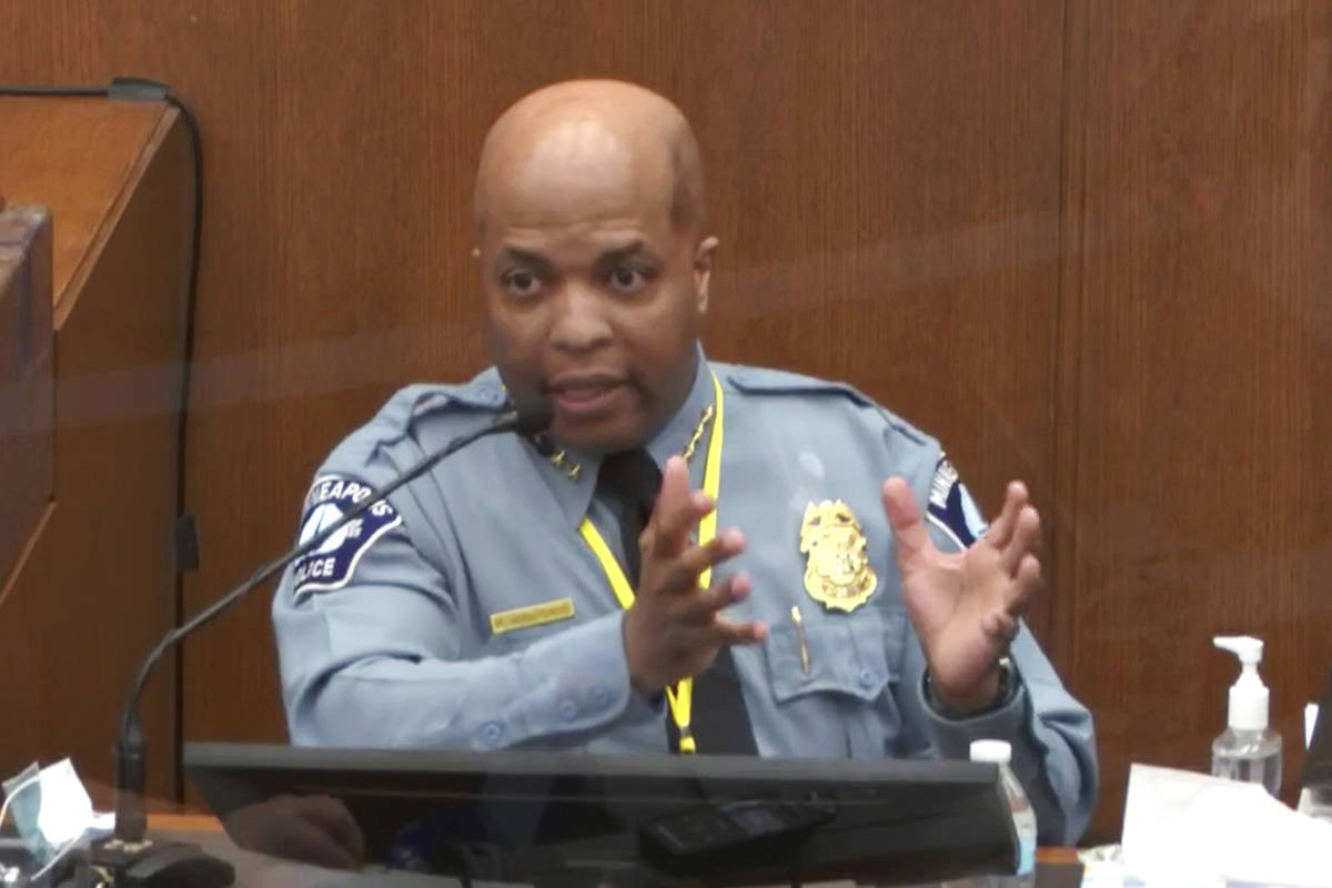 In this image from video, witness Minneapolis Police Chief Medaria Arradondo testifies as Henne ...