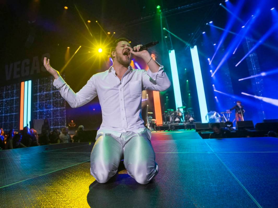 Imagine Dragons frontman Dan Reynolds performs during the Vegas Strong Benefit Concert at T-Mob ...