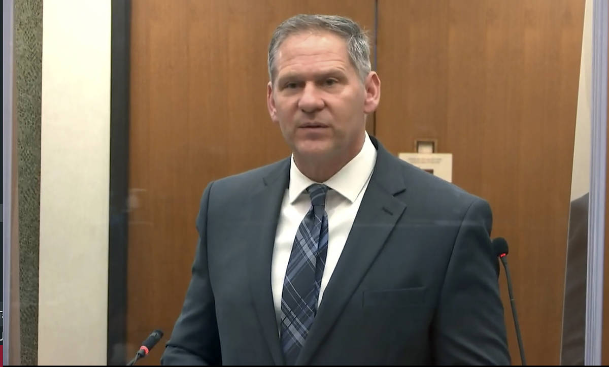 In this image from video, prosecutor Steve Schleicher questions Minneapolis Police Crisis Inter ...