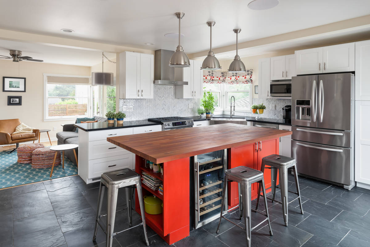 Seriously Happy Homes After: The red island is the centerpiece of the room The butcher block co ...
