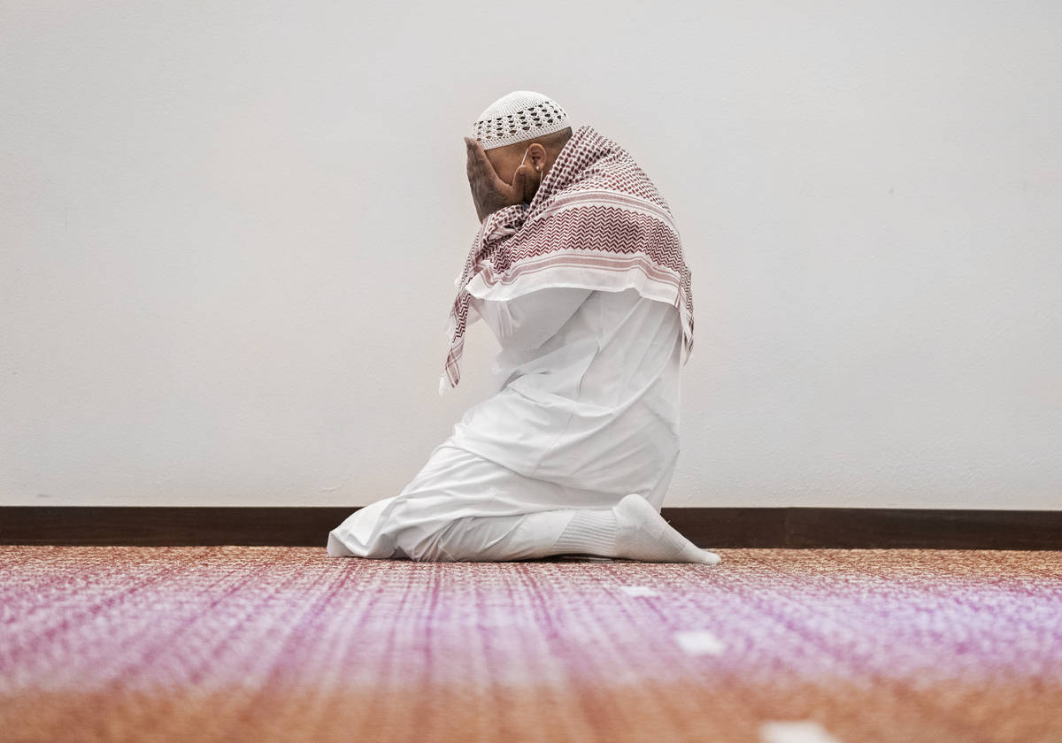 People pray at the Masjid Ibrahim Islamic Center on Friday, April 9, 2021, in Las Vegas. (Benja ...