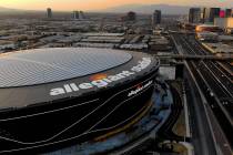 Aerial view of Allegiant Stadium and the Las Vegas Strip, seen in August 2020. (Michael Quine/L ...