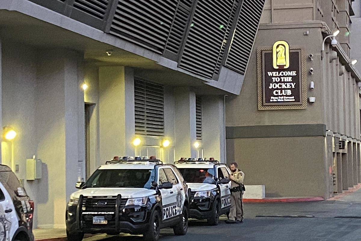 Las Vegas police units outside the Cosmopolitan Hotel on Thursday, April 8, 2021, as officers i ...