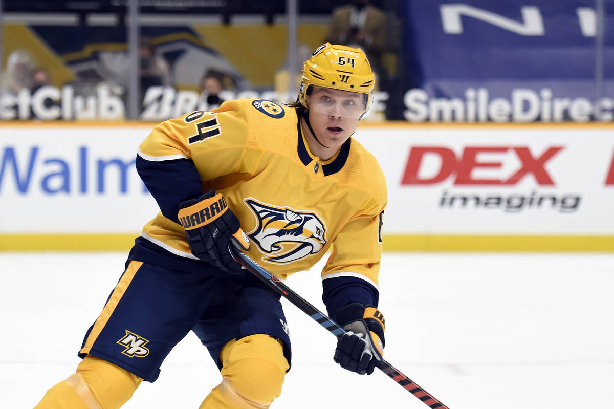 FILE - Nashville Predators center Mikael Granlund (64) plays against the Detroit Red Wings duri ...