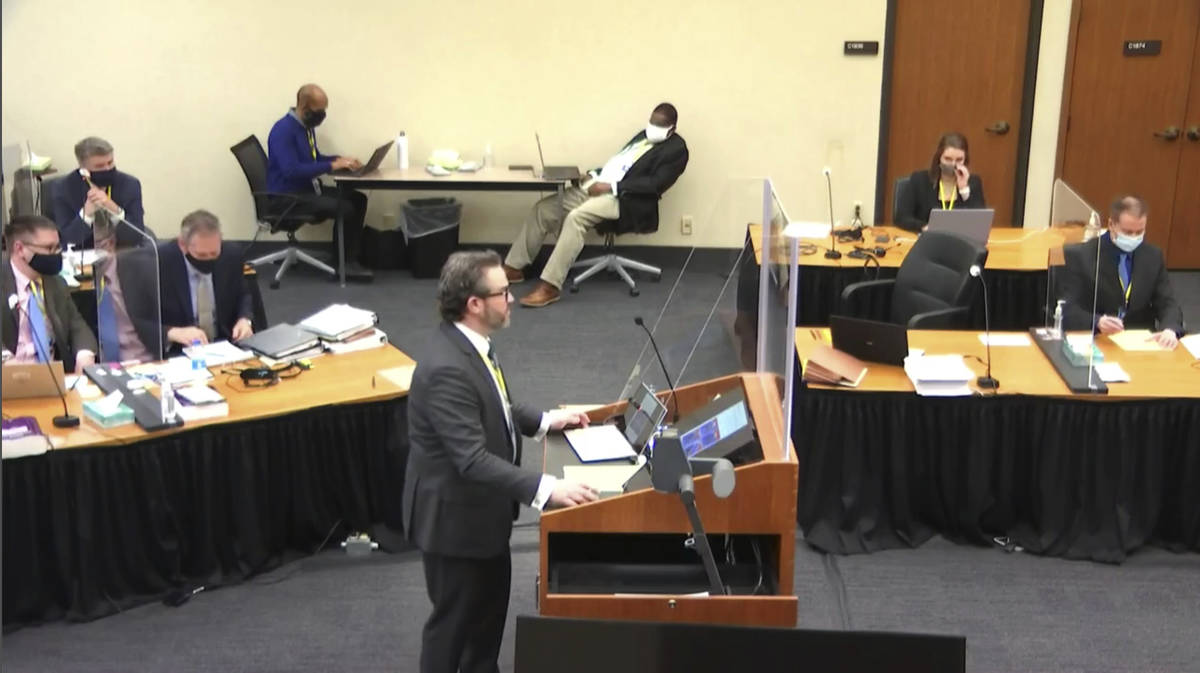 In this image taken from video, defense attorney Eric Nelson questions witness Los Angeles poli ...