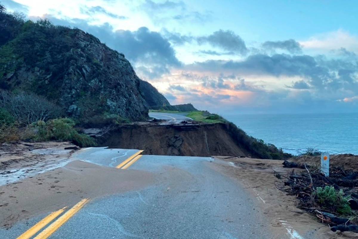 A section of Highway 1 is collapsed following a heavy rainstorm near Big Sur, Calif., on Friday ...