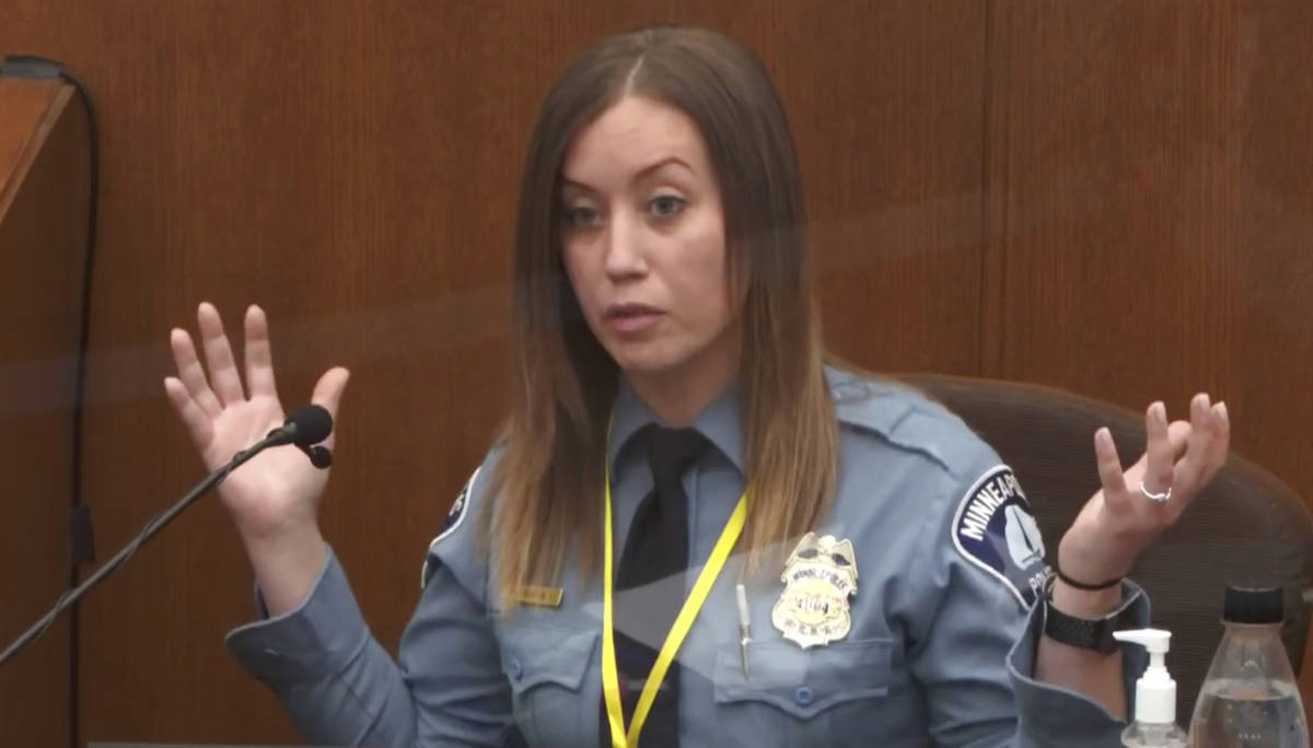 In this image from video, witness Minneapolis Police Officer Nicole Mackenzie testifies as Henn ...