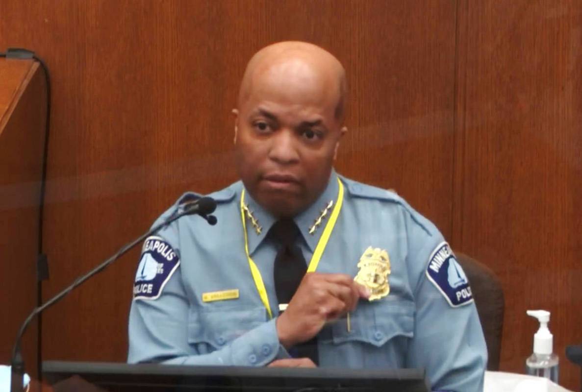 In this image from video, witness Minneapolis Police Chief Medaria Arradondo testifies as Henne ...