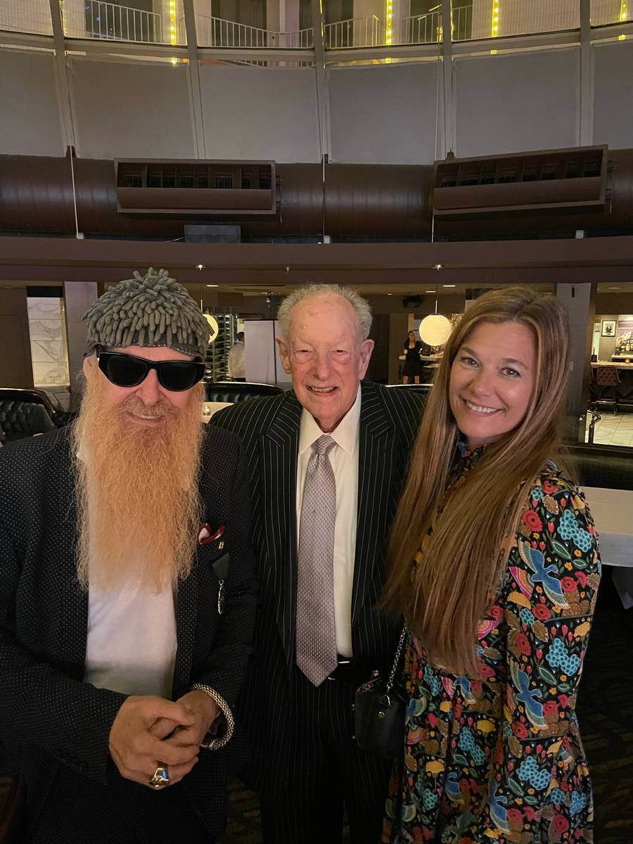 Billy Gibbons of ZZ Top; former Las Vegas Mayor Oscar Goodman; and Gibbons' wife, Gilligan, are ...
