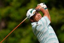 Hideki Matsuyama, of Japan, during the third round of the Masters golf tournament on Saturday, ...