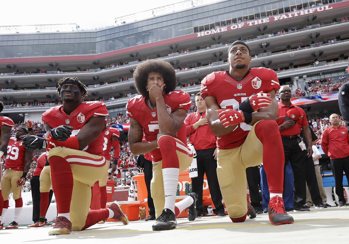 FILE - In this Oct. 2, 2016, file photo, from left, San Francisco 49ers outside linebacker Eli ...