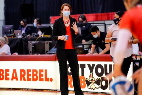 Mountain West Coach the Year Dawn Sullivan gives instructions at a match during the 2021 season ...