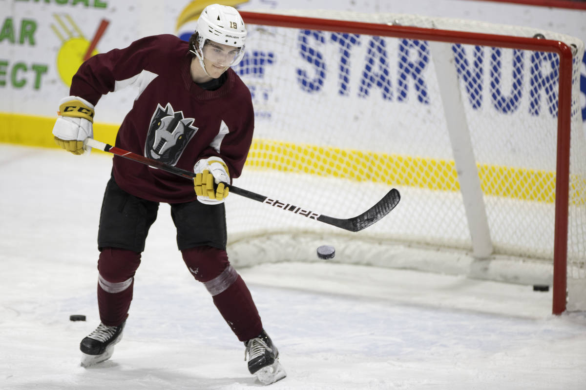 The Henderson Silver Knights Peyton Krebs (18) practices on his shots during a team practice at ...