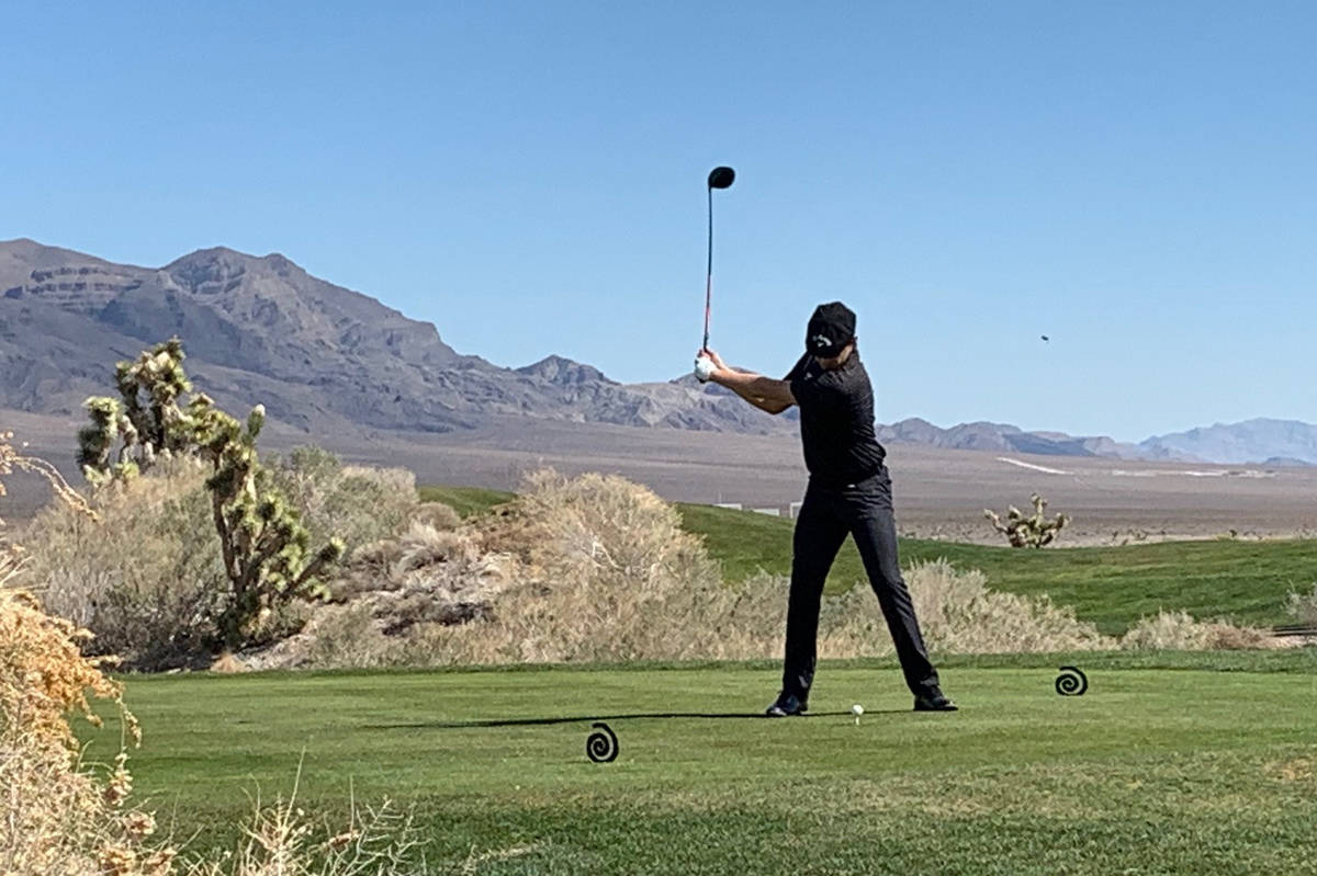 Harry Hall drives the ball during a practice round on the Sun Mountain course at Paiute Golf Re ...
