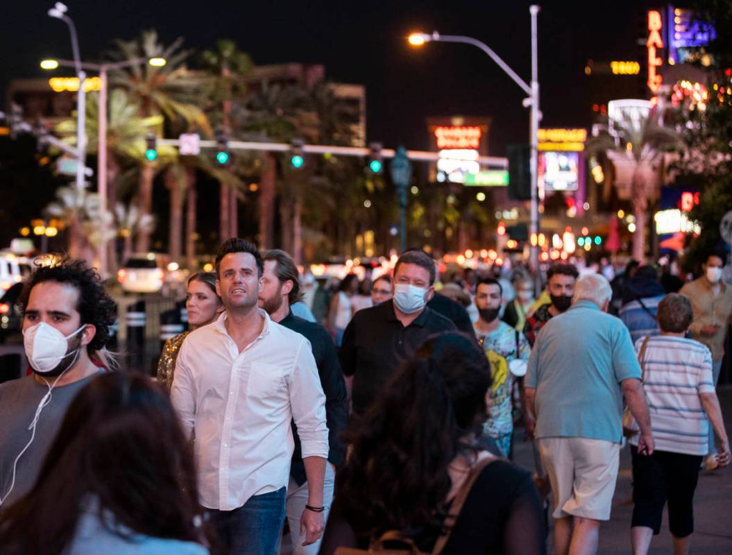 The Strip is packed on Tuesday, April 13, 2021, in Las Vegas. (Benjamin Hager/Las Vegas Review- ...