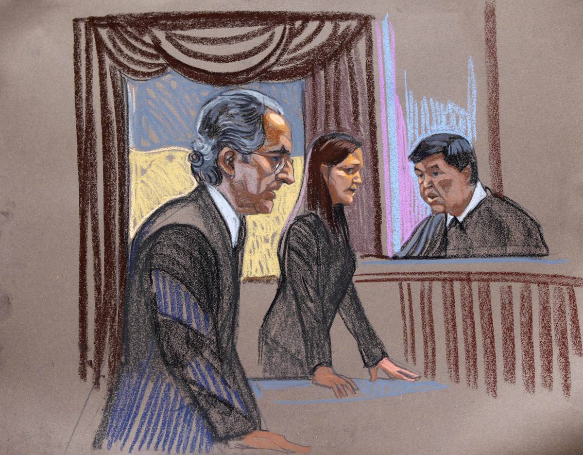 In this courtroom sketch, Bernard Madoff, left, is seen with prosecutor Lisa Baroni and judge D ...