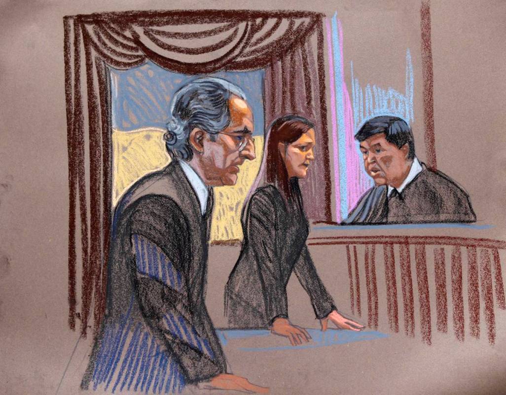 In this courtroom sketch, Bernard Madoff, left, is seen with prosecutor Lisa Baroni and judge D ...