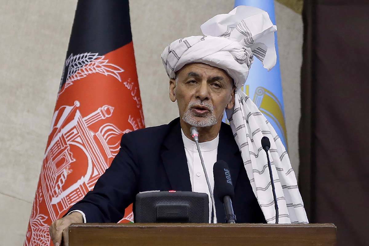 FILE - In this March 6, 2021, file photo, President Ashraf Ghani speaks during the opening cere ...