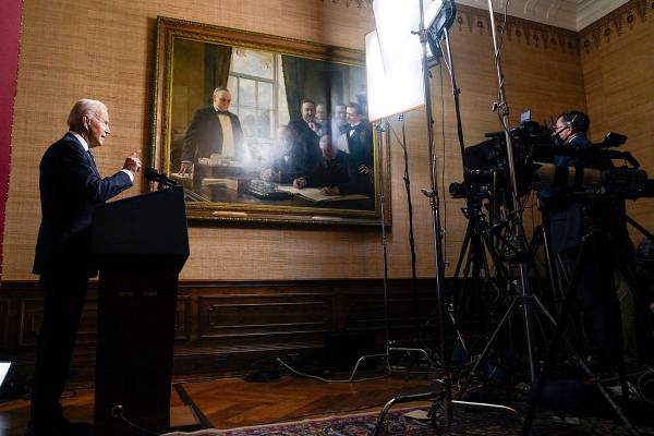 President Joe Biden speaks from the Treaty Room in the White House on Wednesday, April 14, 2021 ...