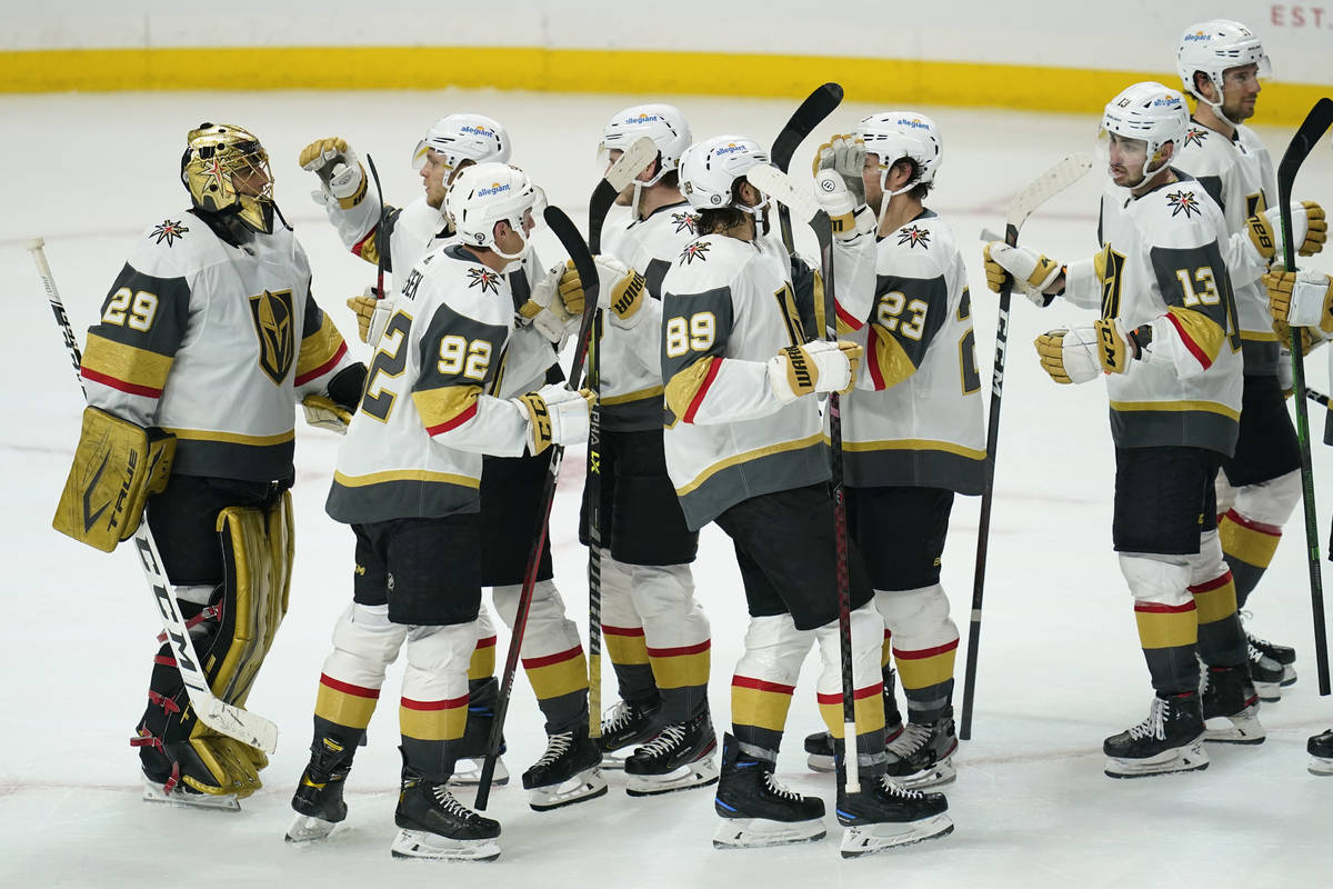 The Vegas Golden Knights celebrate a 6-2 win after their NHL hockey game against the Los Angele ...
