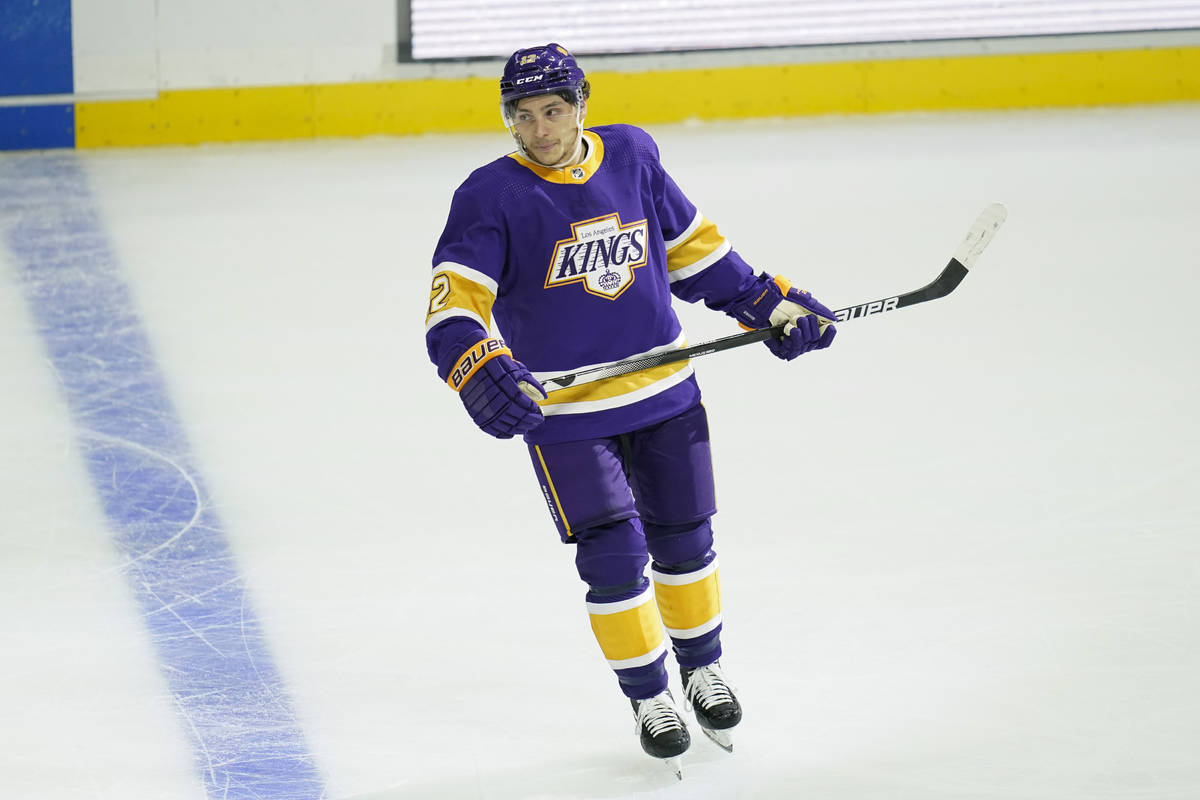 Los Angeles Kings center Trevor Moore (12) reacts after scoring a goal during the second period ...