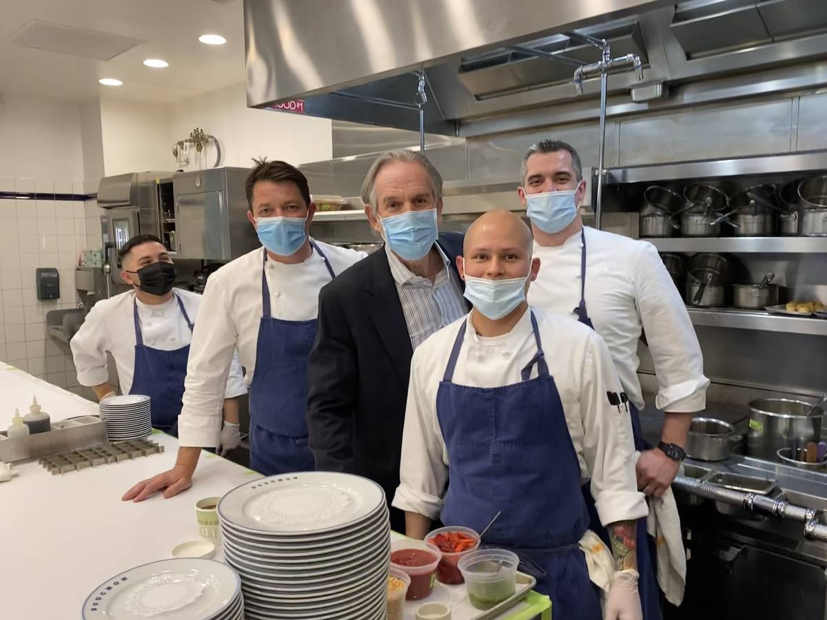 Thomas Keller, center, checks in with his team in the kitchen at Bouchon at The Venetian on Apr ...