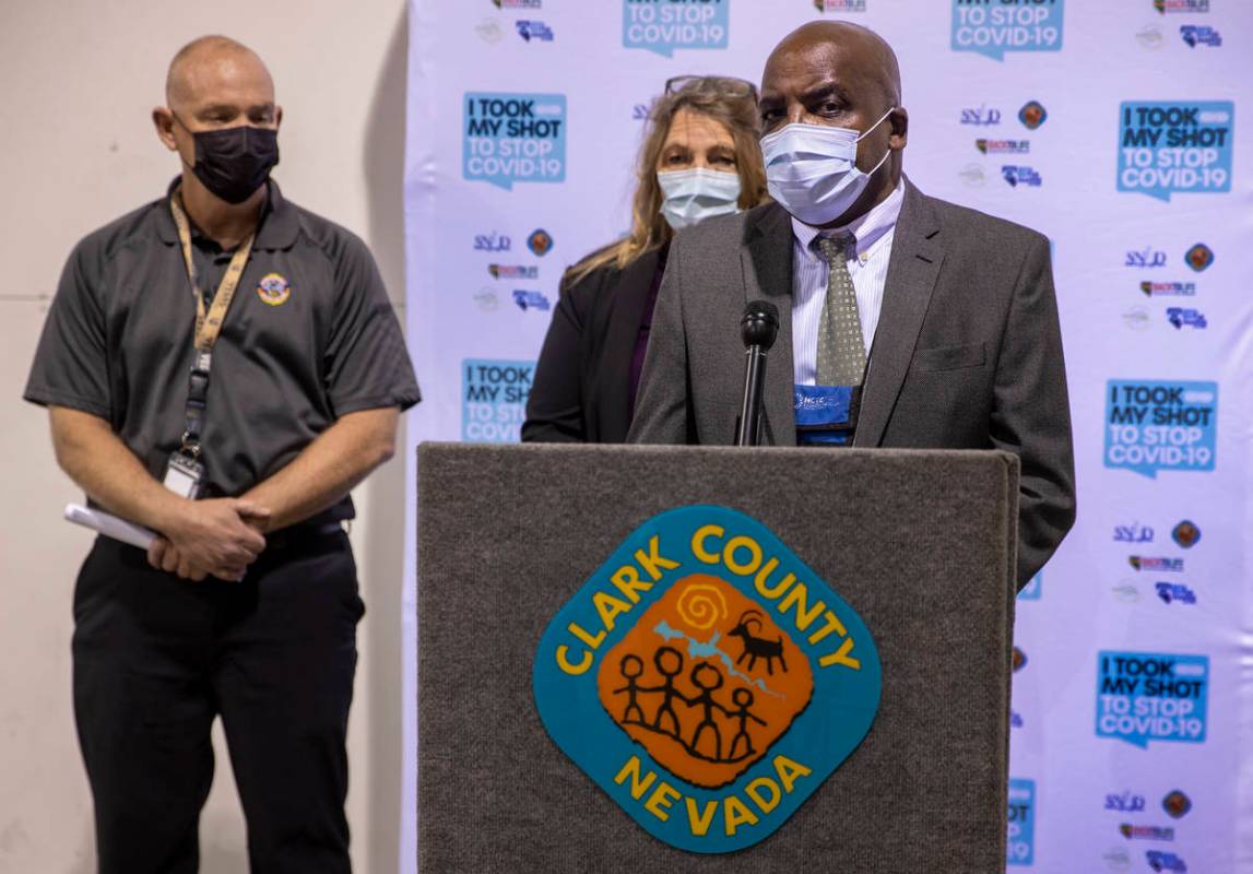 (From right) Dr. Fermin Leguen, Commissioner Marilyn Kirkpatrick and Chief Greg Cassell brief t ...