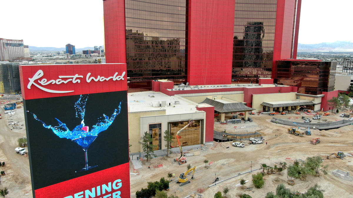 An aerial view of the north entrance of Resorts World Las Vegas on Thursday, March 11, 2021. (M ...