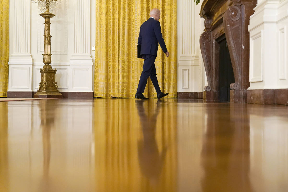 President Joe Biden leaves after speaking about Russia in the East Room of the White House, Thu ...