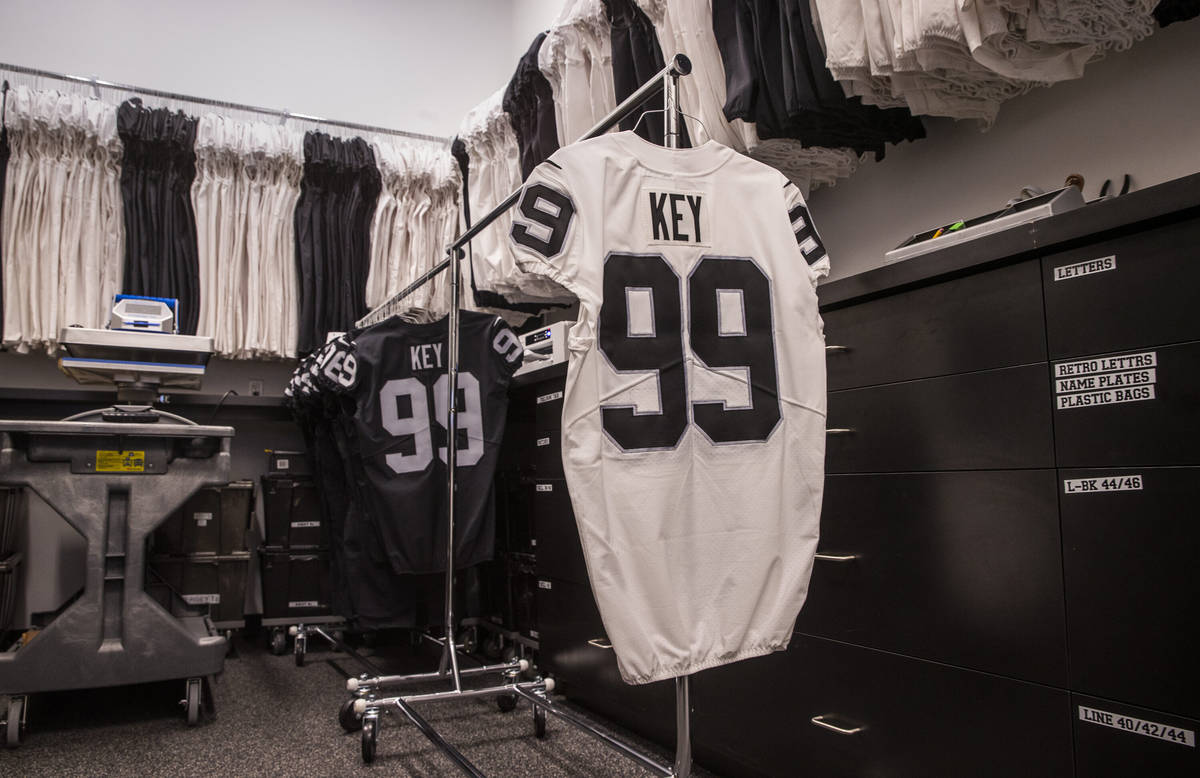 A rack of jerseys in the equipment room within the Las Vegas Raiders headquarters on Wednesday, ...