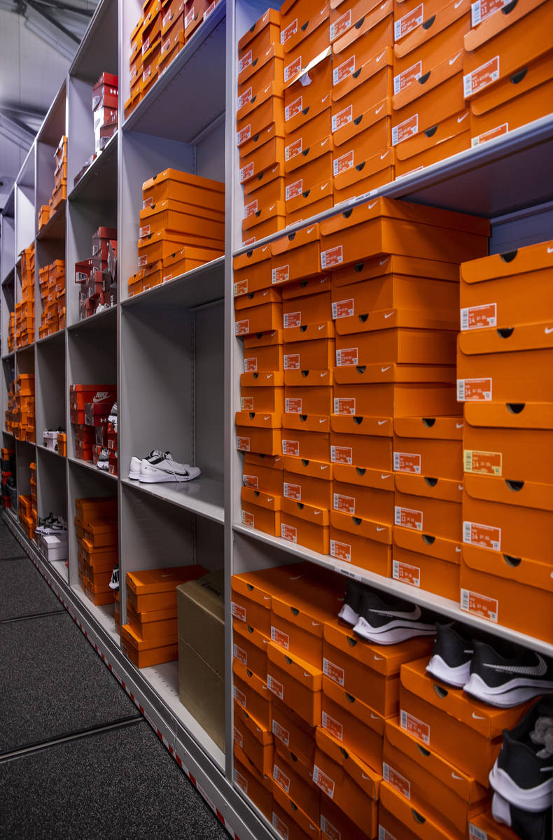 Stacks of shoes and boxes in the equipment room within the Las Vegas Raiders headquarters on We ...