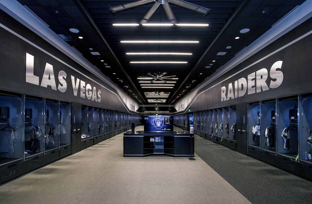 The expansive locker room within the Las Vegas Raiders headquarters on Wednesday, April 14, 202 ...