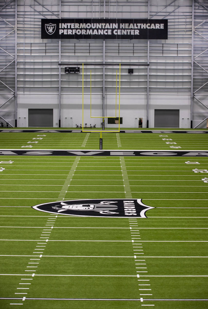 A second-floor view of the indoor practice field within the Las Vegas Raiders headquarters on W ...