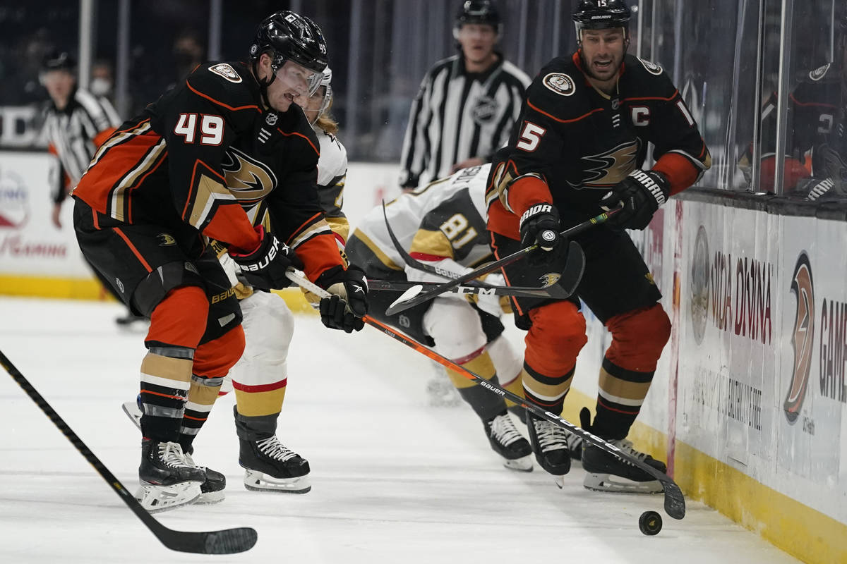 Anaheim Ducks left wing Max Jones (49) takes control of the puck during the second period of an ...
