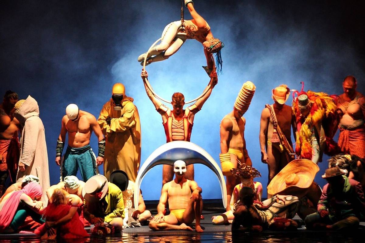 The cast of Cirque du Soleil's "0" perform during a 10th anniversary show at the Bellagio hotel ...